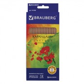 Карандаши цветные BRAUBERG "Цветы", 12 цветов, трехгранные, лакированные, грифель 3 мм, натуральное дерево, 181288