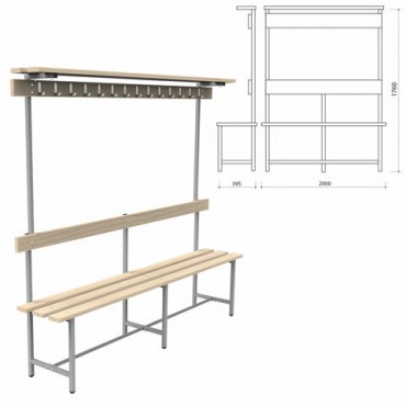 Скамья с вешалкой, спинкой и полкой "СВТ 9", 1760х2000х395 мм, 14 крючков, каркас металлический серый, сиденье дерево