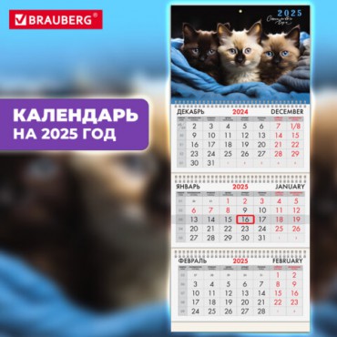 Календарь квартальный на 2025 г., 3 блока, 3 гребня, с бегунком, мелованная бумага, BRAUBERG, "Милые котики", 116138